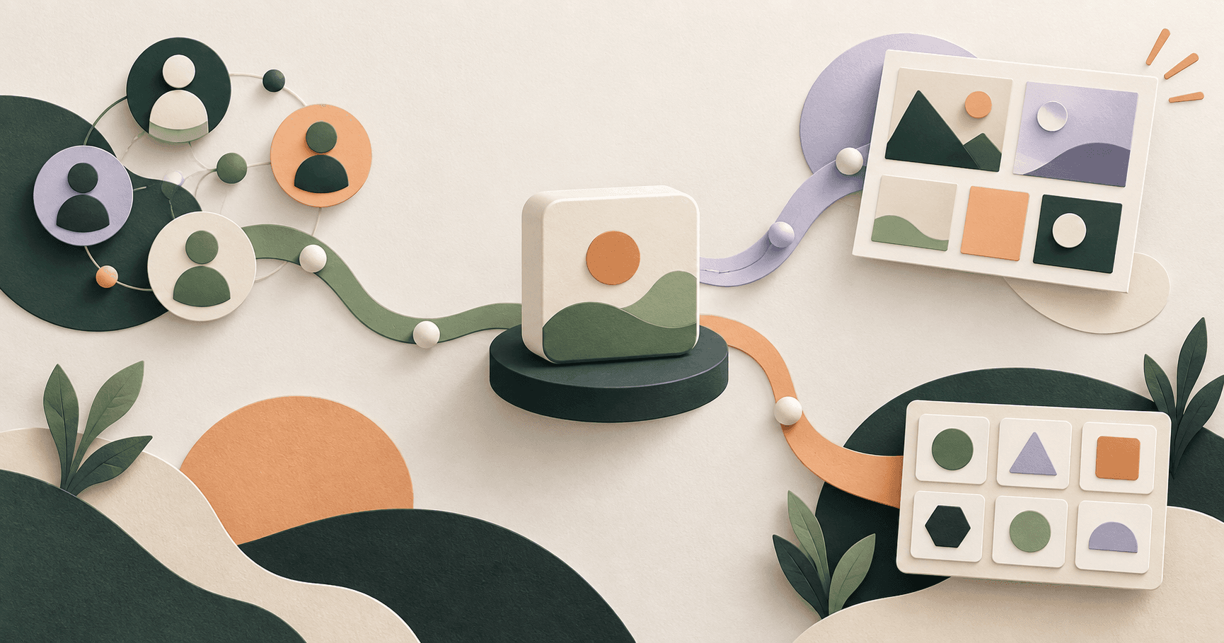 An editorial illustration of a product at the center with several abstract launch channels branching outward.