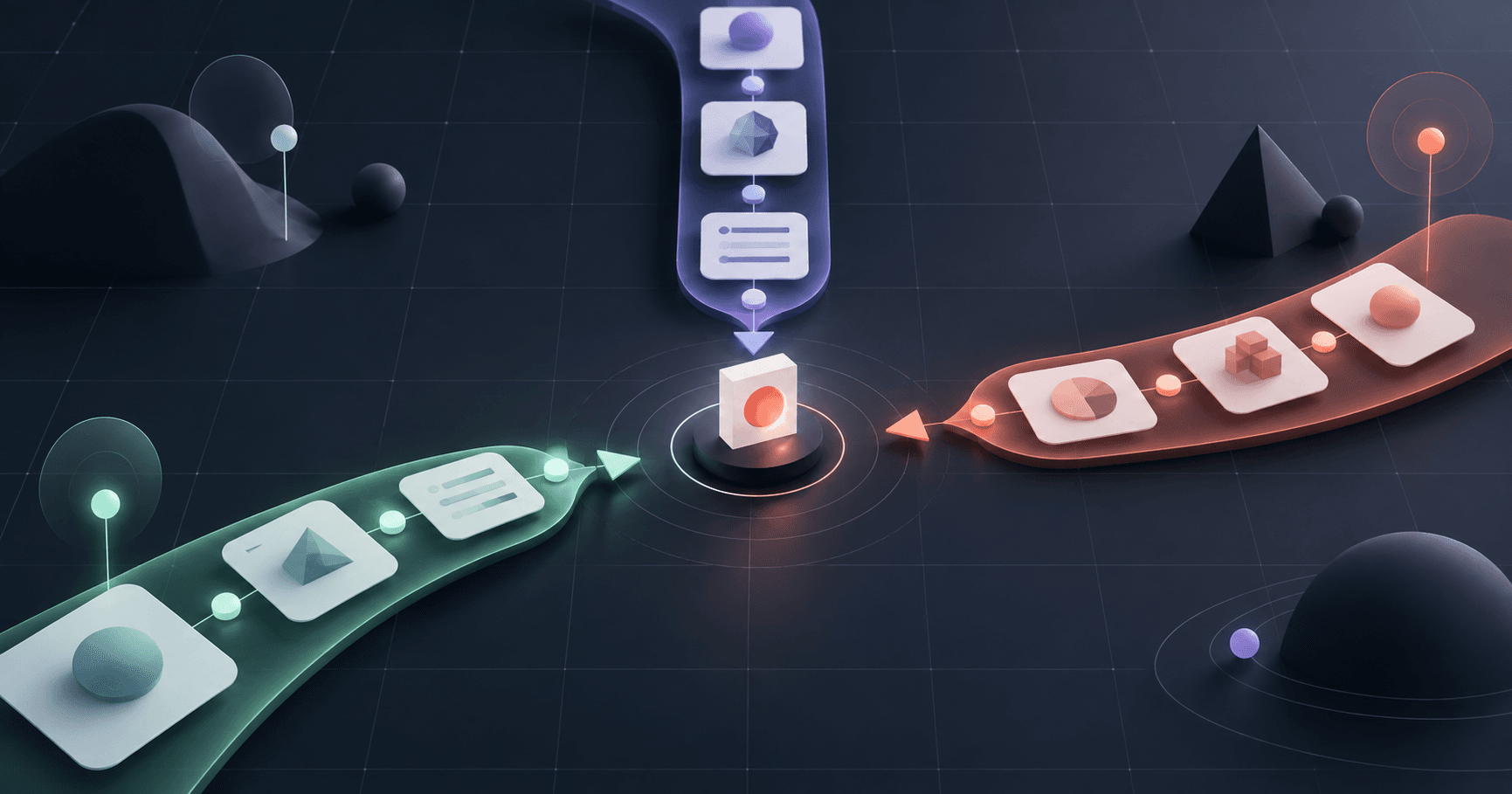 An editorial illustration of three abstract pathways and product cards representing launch platform comparison.