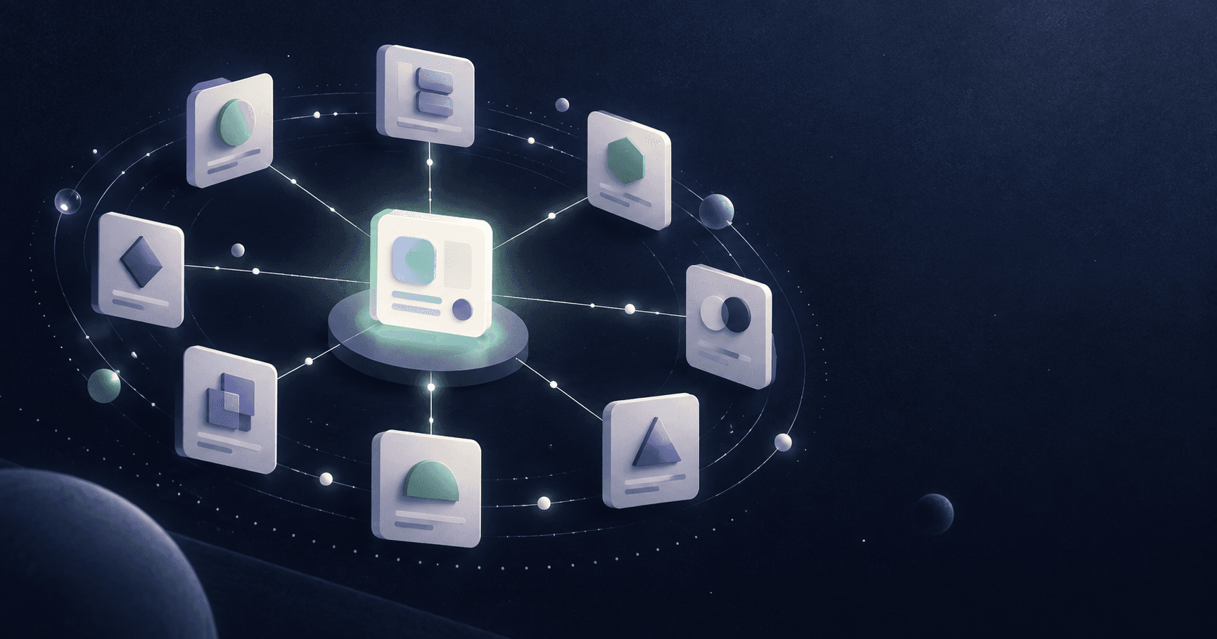 An editorial illustration of a SaaS product card connected to a network of abstract directory cards.